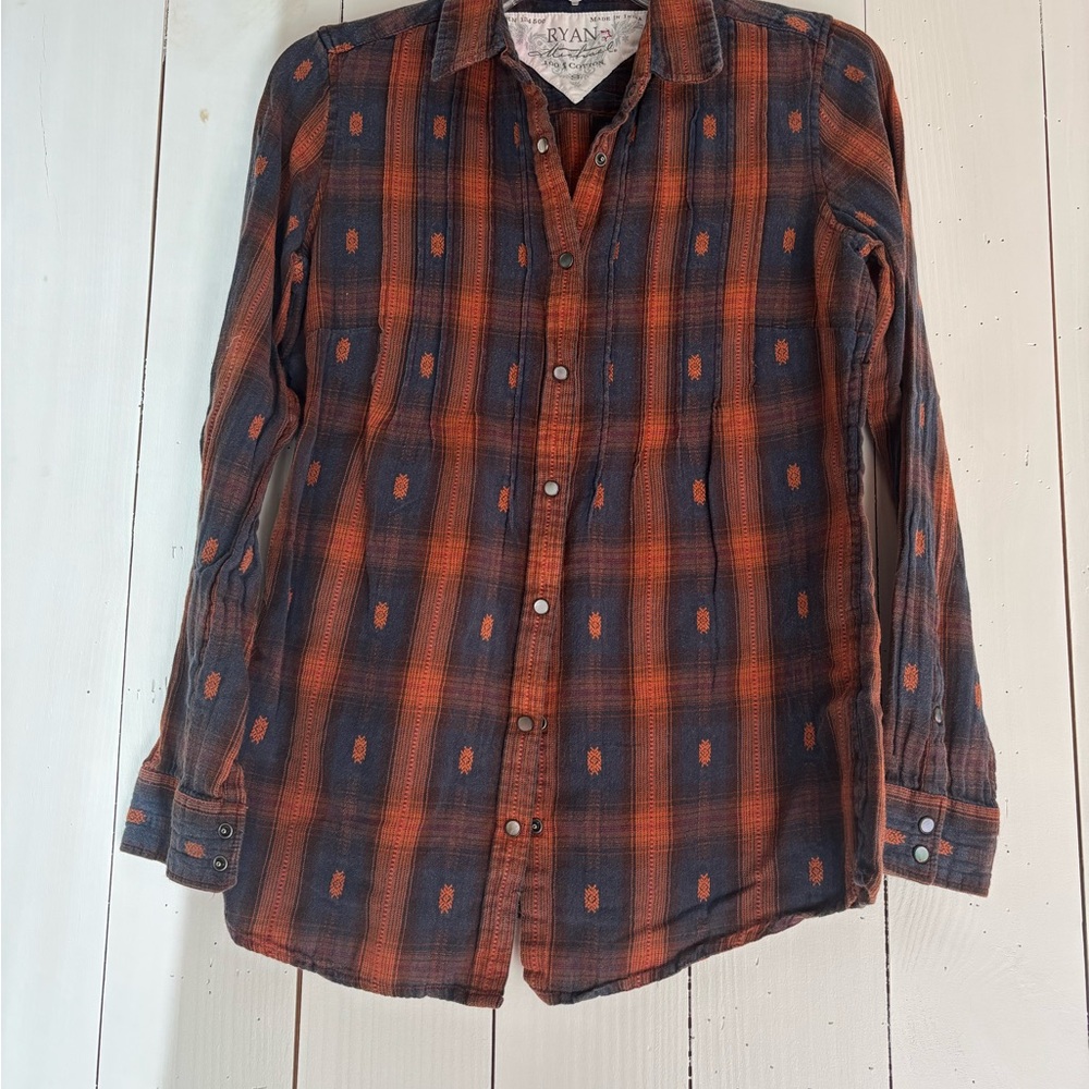 NIKA Orange and Navy Plaid Snap-Front Button-Down Shirt